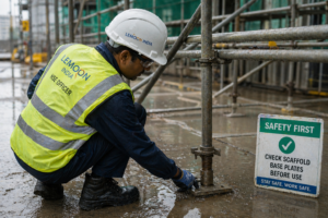 Lemoon India HSE officer inspecting scaffolding stability during monsoon construction safety checks.