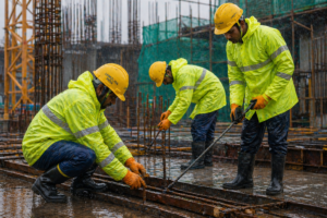 Construction workers wearing waterproof PPE and gumboots for monsoon construction safety.