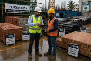 Neatly organized building materials on a Lemoon India site to reduce construction waste.