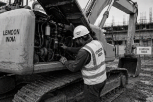 A Lemoon India site engineer performing daily heavy machinery maintenance on an excavator.