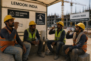 Workers taking a hydration break to prevent heat stress in construction on a Lemoon India site.