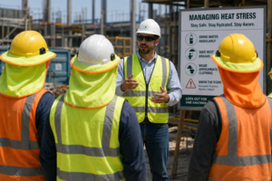 HSE officer conducting a toolbox talk on managing heat stress in construction.